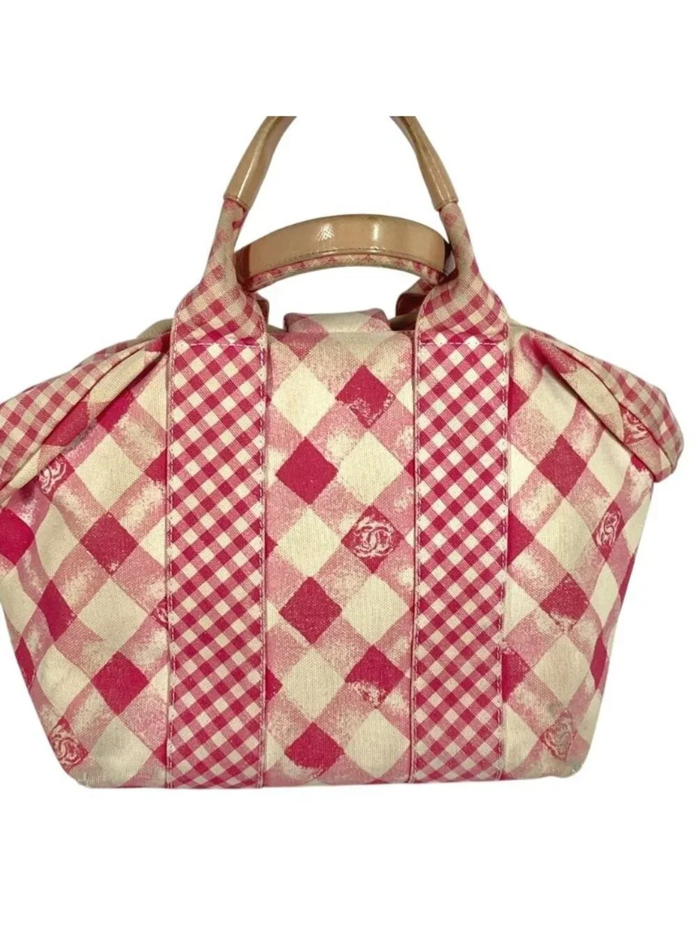 Chanel Handbag CC Logo Gingham Check Canvas Pink
